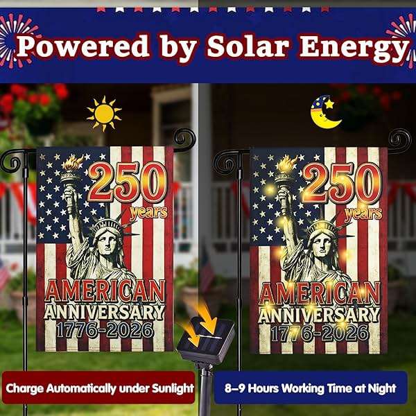 FLAGMESAGE Lighted 250th Anniversary USA Garden Flag for Outside, Solar Led Double-sided Patriotic Banner with 1776-2026 250 Years of American Freedom Design for Independence Day, July 4th Decor (LED Statue of Liberty, 12 x 18 Inch) - Image 4