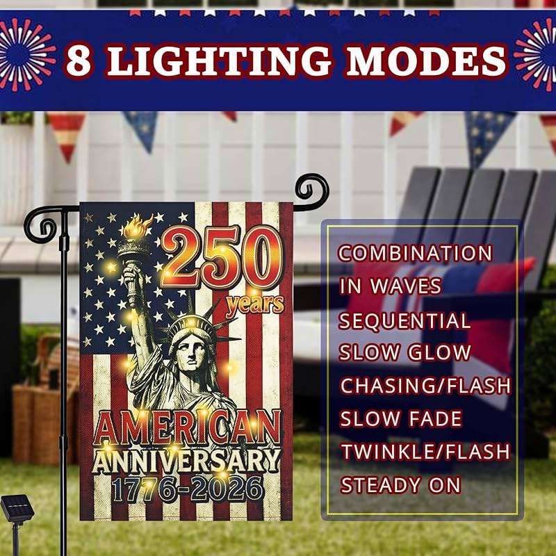 FLAGMESAGE Lighted 250th Anniversary USA Garden Flag for Outside, Solar Led Double-sided Patriotic Banner with 1776-2026 250 Years of American Freedom Design for Independence Day, July 4th Decor (LED Statue of Liberty, 12 x 18 Inch) - Image 6
