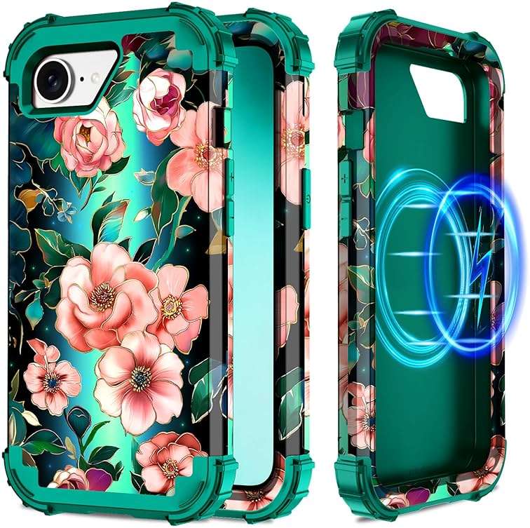 Hekodonk for iPhone 17e Case Magnetic,[Compatible with MagSafe] Floral Three Layer Heavy Duty Drop Shockproof Full Protective Women Girls Case for Apple iPhone 17e 6.1 inch,Green/Black - Image 1