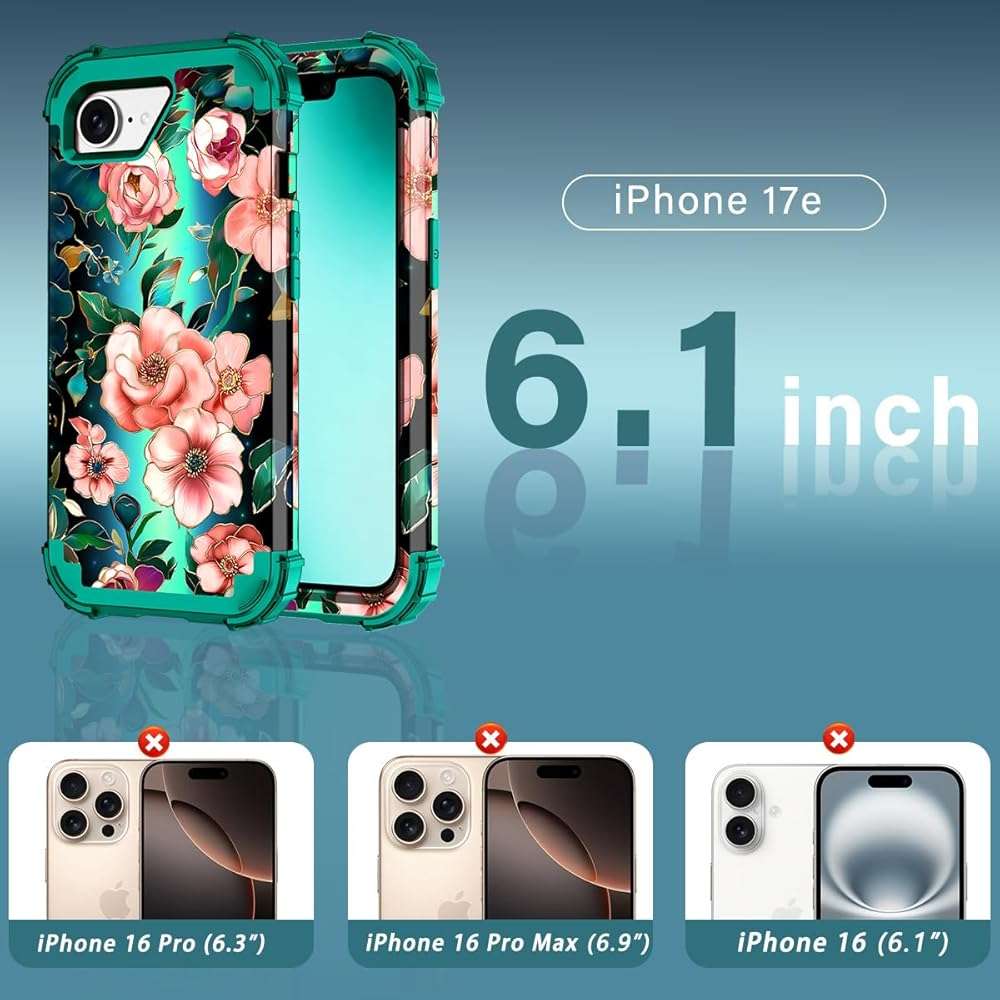 Hekodonk for iPhone 17e Case Magnetic,[Compatible with MagSafe] Floral Three Layer Heavy Duty Drop Shockproof Full Protective Women Girls Case for Apple iPhone 17e 6.1 inch,Green/Black - Image 2