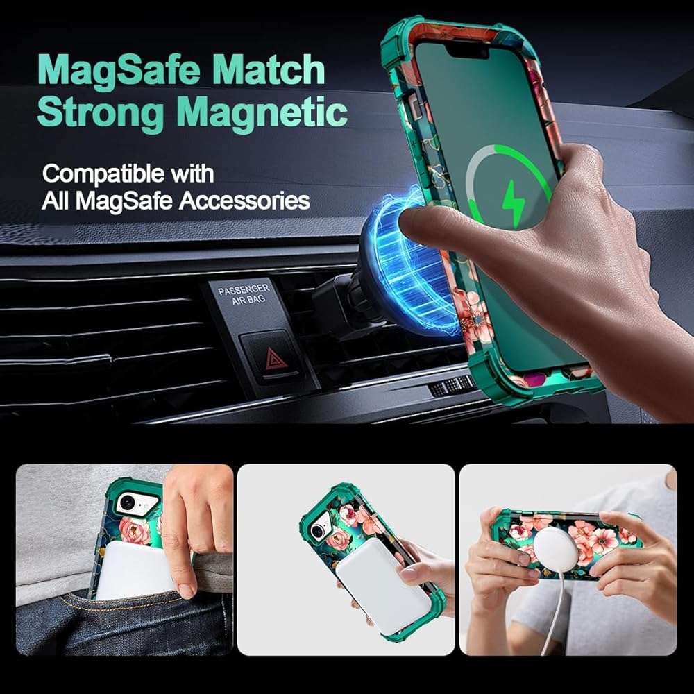 Hekodonk for iPhone 17e Case Magnetic,[Compatible with MagSafe] Floral Three Layer Heavy Duty Drop Shockproof Full Protective Women Girls Case for Apple iPhone 17e 6.1 inch,Green/Black - Image 4