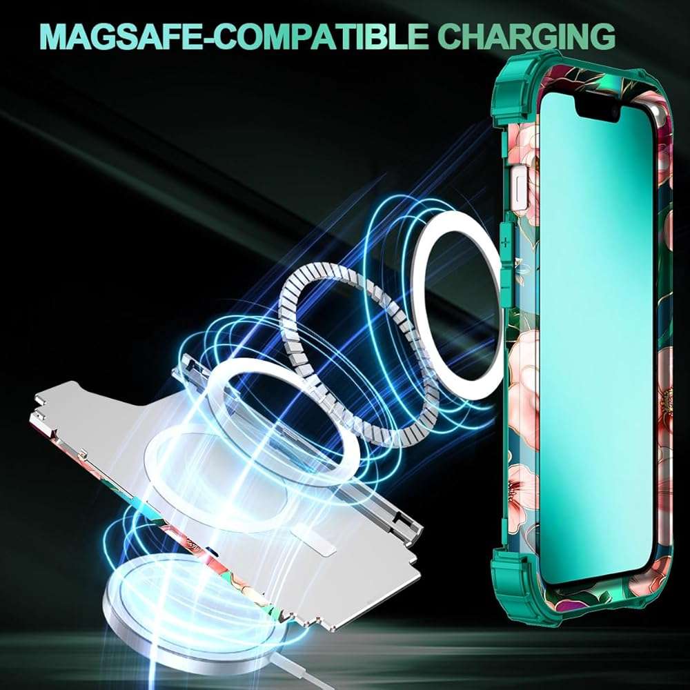 Hekodonk for iPhone 17e Case Magnetic,[Compatible with MagSafe] Floral Three Layer Heavy Duty Drop Shockproof Full Protective Women Girls Case for Apple iPhone 17e 6.1 inch,Green/Black - Image 5