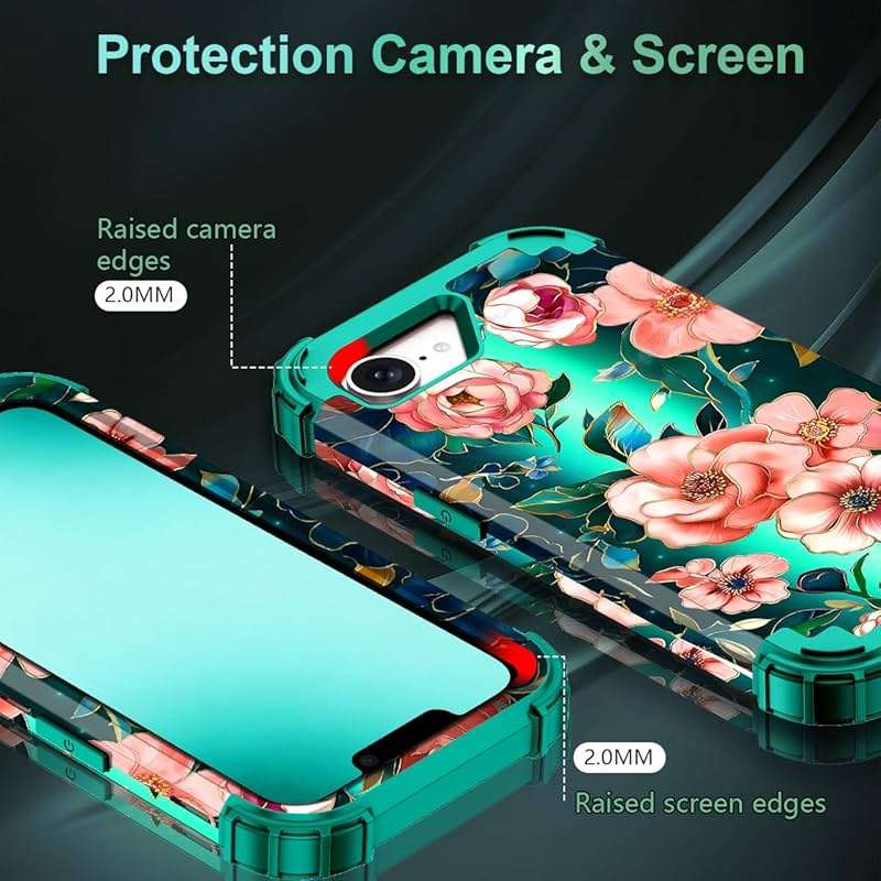 Hekodonk for iPhone 17e Case Magnetic,[Compatible with MagSafe] Floral Three Layer Heavy Duty Drop Shockproof Full Protective Women Girls Case for Apple iPhone 17e 6.1 inch,Green/Black - Image 6