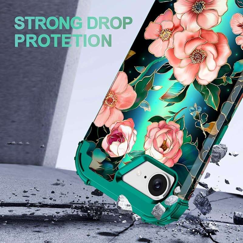 Hekodonk for iPhone 17e Case Magnetic,[Compatible with MagSafe] Floral Three Layer Heavy Duty Drop Shockproof Full Protective Women Girls Case for Apple iPhone 17e 6.1 inch,Green/Black - Image 7