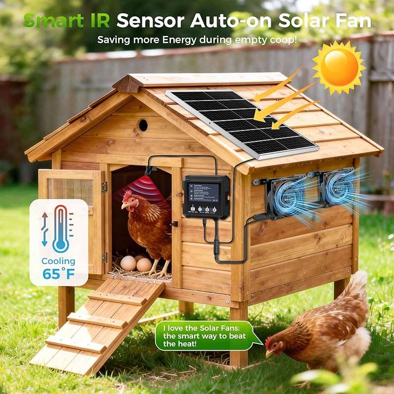 Chtoocy 25W Smart Solar Fan for Chicken Coop w 2500mAh Battery, Greenhouse Solar Powered Fan w 3 Modes, IP65 Waterproof Solar Exhaust Fan for Dog House Vent Shed Garage Cooling - Image 4