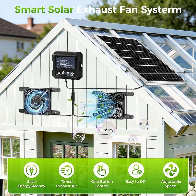 Chtoocy 25W Smart Solar Fan for Chicken Coop w 2500mAh Battery, Greenhouse Solar Powered Fan w 3 Modes, IP65 Waterproof Solar Exhaust Fan for Dog House Vent Shed Garage Cooling - Image 6