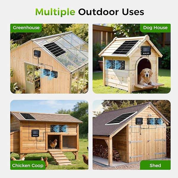 Chtoocy 25W Smart Solar Fan for Chicken Coop w 2500mAh Battery, Greenhouse Solar Powered Fan w 3 Modes, IP65 Waterproof Solar Exhaust Fan for Dog House Vent Shed Garage Cooling - Image 8