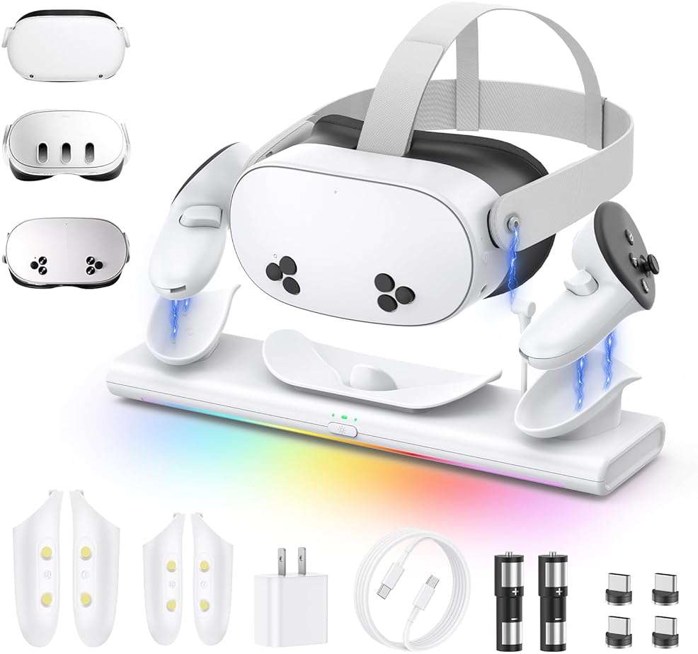 Charging Dock for Meta Quest 3S/3/2, PD 20W Fast Charging Station-Meta/Oculus Quest 3S/3/2 Accessories, Magnetic Charger Stand for VR Headset/Controller, RGB Light, Rechargeable Batteries&USB-C Cable - Image 1
