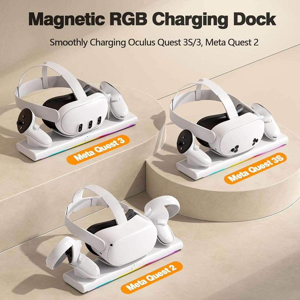 Charging Dock for Meta Quest 3S/3/2, PD 20W Fast Charging Station-Meta/Oculus Quest 3S/3/2 Accessories, Magnetic Charger Stand for VR Headset/Controller, RGB Light, Rechargeable Batteries&USB-C Cable - Image 2