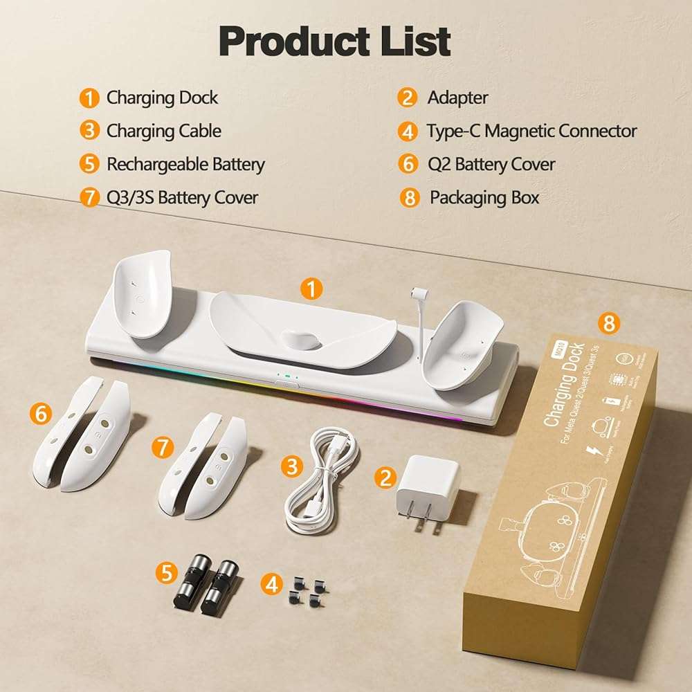 Charging Dock for Meta Quest 3S/3/2, PD 20W Fast Charging Station-Meta/Oculus Quest 3S/3/2 Accessories, Magnetic Charger Stand for VR Headset/Controller, RGB Light, Rechargeable Batteries&USB-C Cable - Image 8