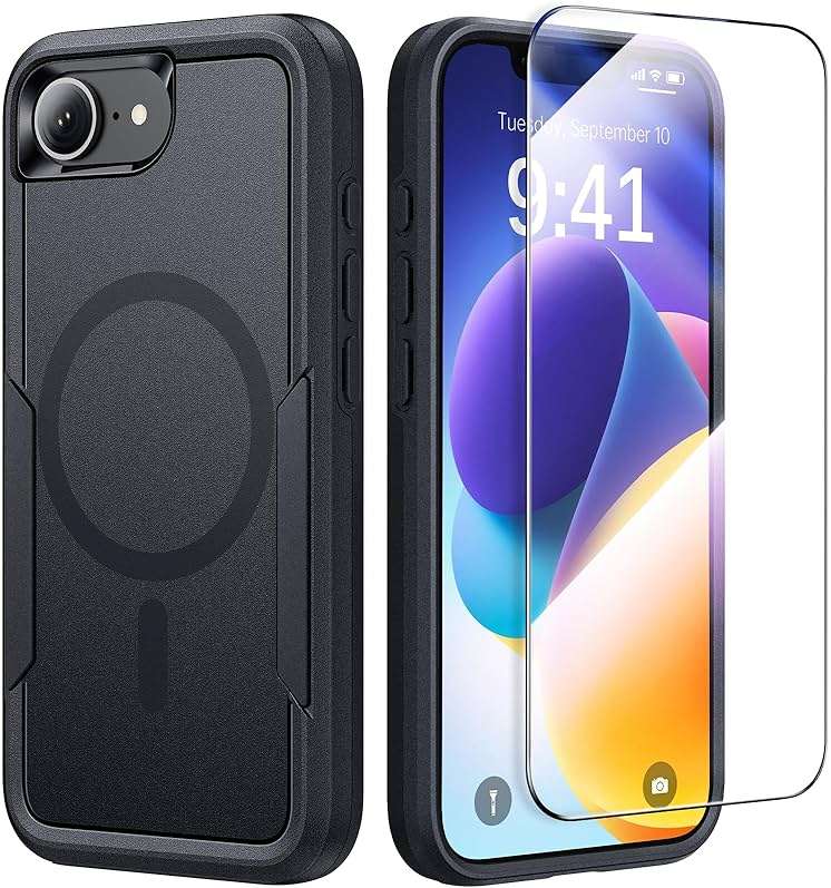 MZHGXKI Protective Case for iPhone 17e [with Screen Protector], Heavy Duty Shockproof & 2-Layer Military-Grade Protection Phone Cover [Fit for MagSafe Accessories], for iPhone 17 e 6.1", Black - Image 1