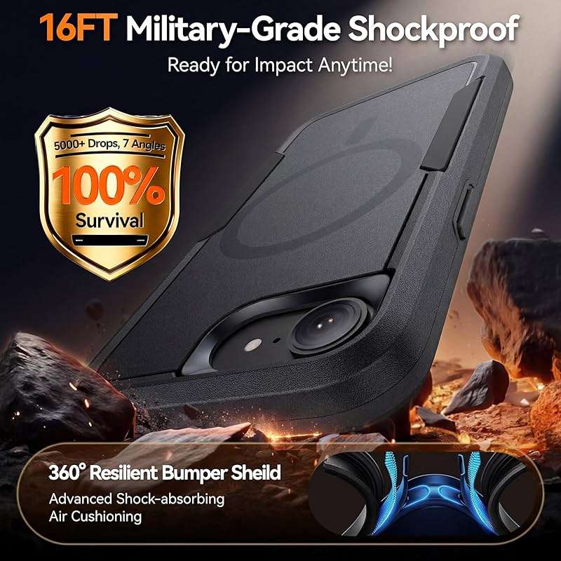 MZHGXKI Protective Case for iPhone 17e [with Screen Protector], Heavy Duty Shockproof & 2-Layer Military-Grade Protection Phone Cover [Fit for MagSafe Accessories], for iPhone 17 e 6.1", Black - Image 2