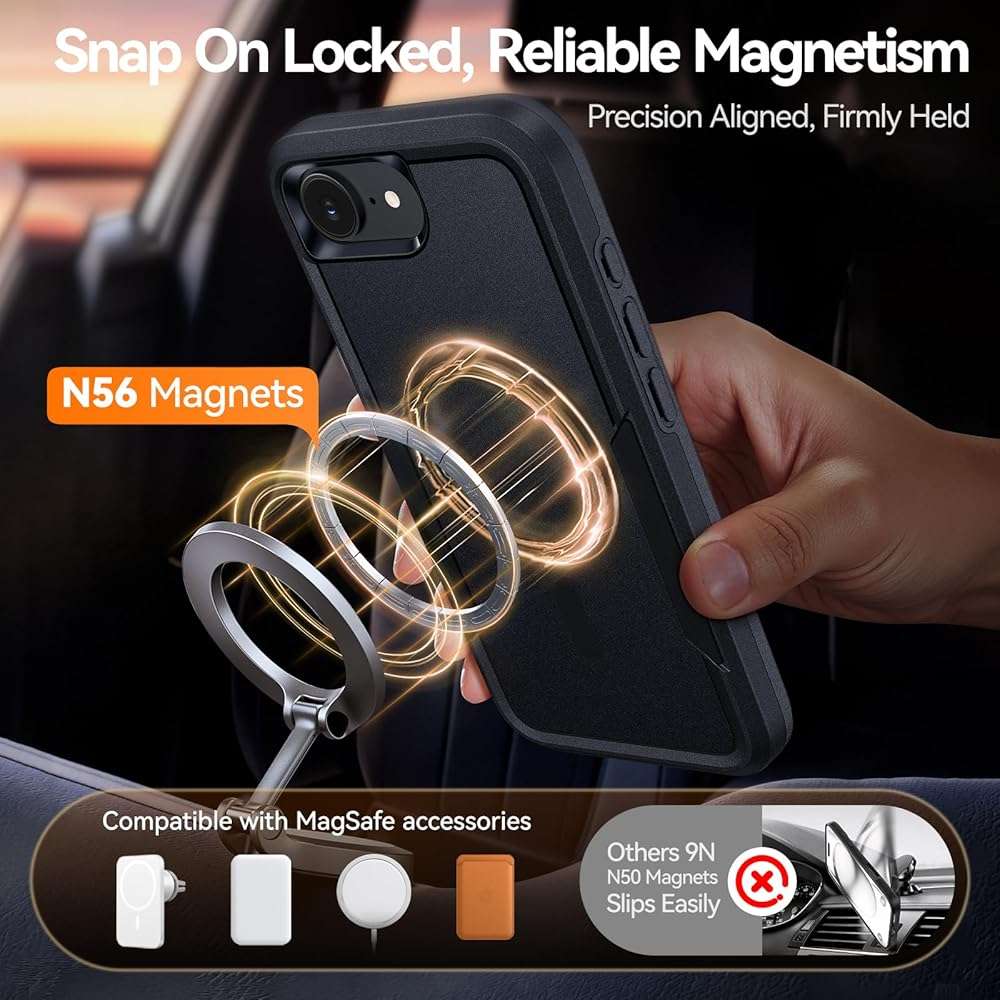MZHGXKI Protective Case for iPhone 17e [with Screen Protector], Heavy Duty Shockproof & 2-Layer Military-Grade Protection Phone Cover [Fit for MagSafe Accessories], for iPhone 17 e 6.1", Black - Image 5