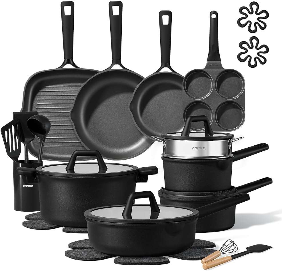 CAROTE 28PCS Pots and Pans Set, Nonstick Cookware Set Kitchen Non Stick Induction Titanium Cookware Non-toxic Granite Cooking set, PFOA Free, Black - Image 1
