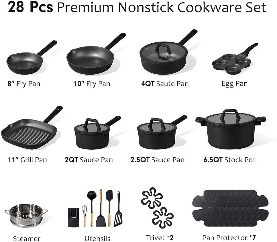 CAROTE 28PCS Pots and Pans Set, Nonstick Cookware Set Kitchen Non Stick Induction Titanium Cookware Non-toxic Granite Cooking set, PFOA Free, Black - Image 3