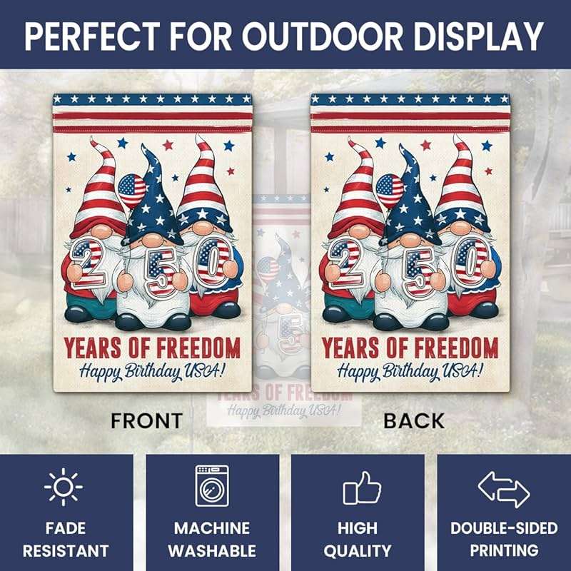 Gnome 250 Years America Patriotic Garden Flag - Independence Memorial Day Decorations, Funny 250 Year American Anniversary Flag, USA Birthday Freedom Yard Sign, 1776-2026 USA 4th of July Garden Flag for Outside - Image 3