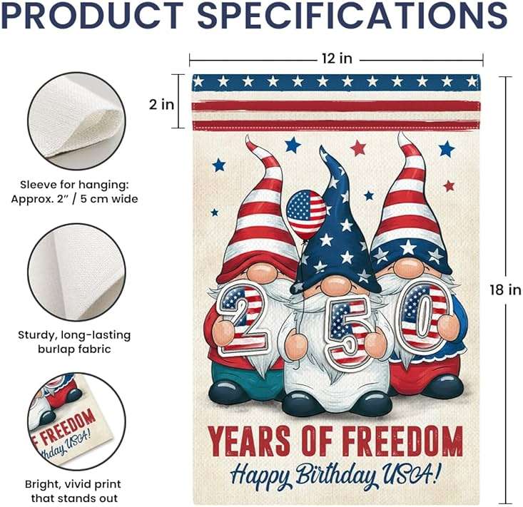 Gnome 250 Years America Patriotic Garden Flag - Independence Memorial Day Decorations, Funny 250 Year American Anniversary Flag, USA Birthday Freedom Yard Sign, 1776-2026 USA 4th of July Garden Flag for Outside - Image 4