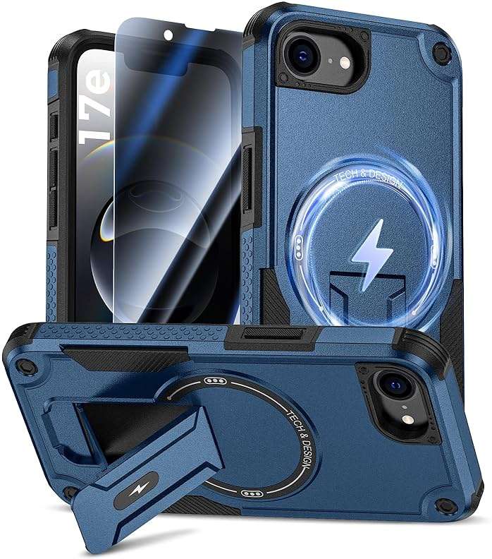 Goton for iPhone 17e/16e Case with Privacy Tempered Glass Screen Protector, Compatible with MagSafe, Invisible Kickstand, Shockproof Phone Cover for Apple iPhone 17 e 16 e Blue - Image 1