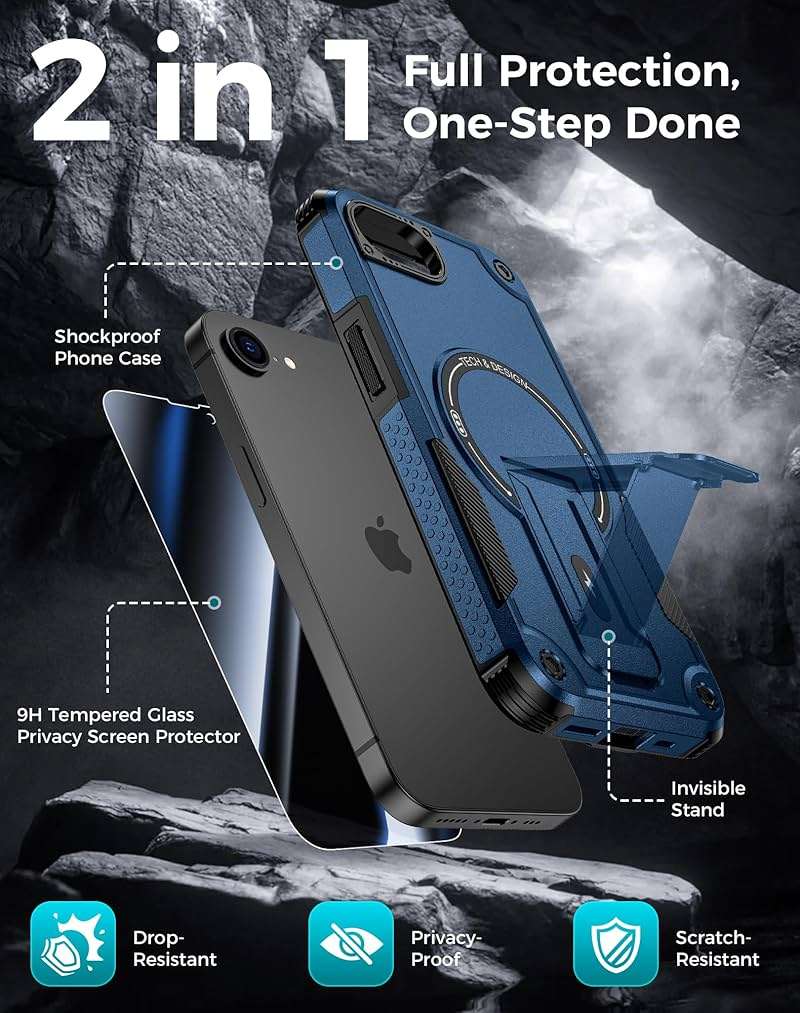 Goton for iPhone 17e/16e Case with Privacy Tempered Glass Screen Protector, Compatible with MagSafe, Invisible Kickstand, Shockproof Phone Cover for Apple iPhone 17 e 16 e Blue - Image 3