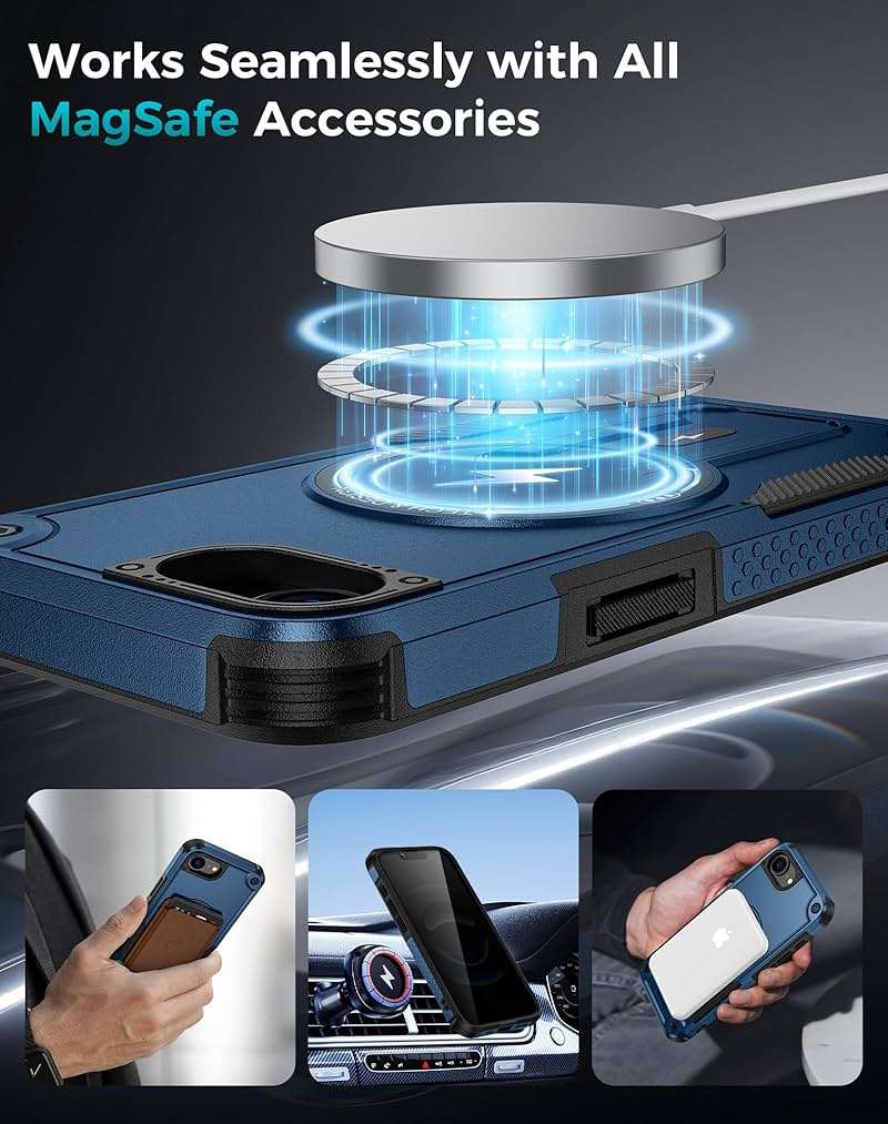 Goton for iPhone 17e/16e Case with Privacy Tempered Glass Screen Protector, Compatible with MagSafe, Invisible Kickstand, Shockproof Phone Cover for Apple iPhone 17 e 16 e Blue - Image 6