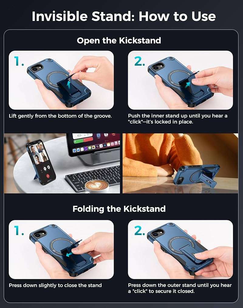 Goton for iPhone 17e/16e Case with Privacy Tempered Glass Screen Protector, Compatible with MagSafe, Invisible Kickstand, Shockproof Phone Cover for Apple iPhone 17 e 16 e Blue - Image 8