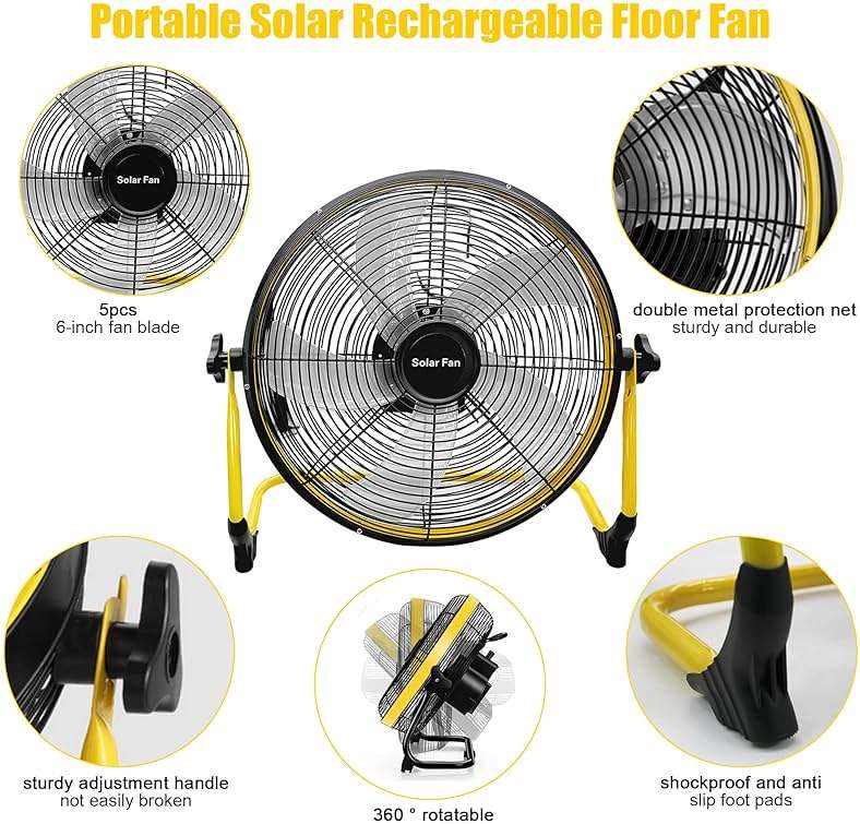 Zhitaoxun 14 Inch Solar Powered Fan,360 Vertical Tilt Rechargeable Floor Fan,for Outside,Travel,Chicken Coop,Dog House,Shed,Greenhouse,Camping,Portable,Quiet - Image 3