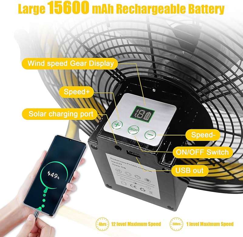 Zhitaoxun 14 Inch Solar Powered Fan,360 Vertical Tilt Rechargeable Floor Fan,for Outside,Travel,Chicken Coop,Dog House,Shed,Greenhouse,Camping,Portable,Quiet - Image 4