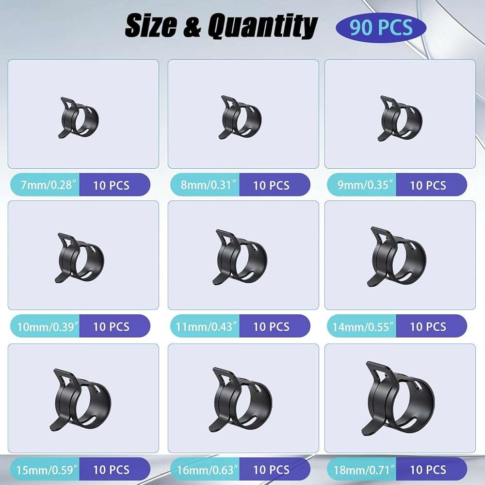 90Pcs 7-18mm Spring Hose Clamps Kit, Black Small spring Clamp, Constant Tension Steel Clamps for Automotive Fuel Lines, Silicone Vacuum Hoses, Low-Pressure Air Clips - Image 2