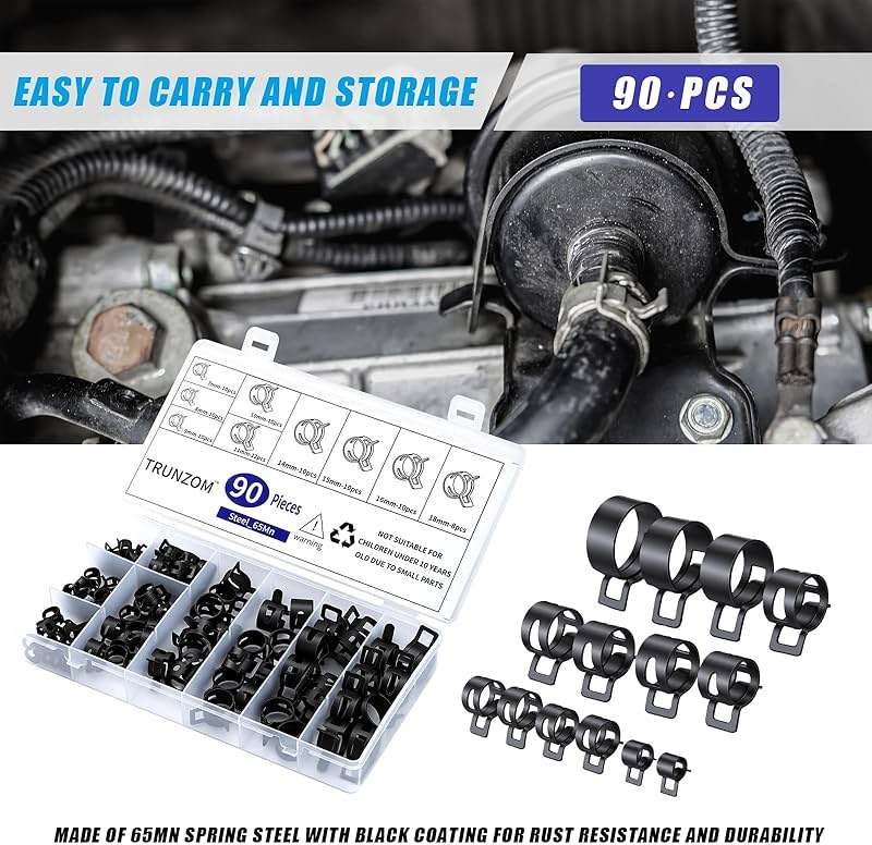 90Pcs 7-18mm Spring Hose Clamps Kit, Black Small spring Clamp, Constant Tension Steel Clamps for Automotive Fuel Lines, Silicone Vacuum Hoses, Low-Pressure Air Clips - Image 7
