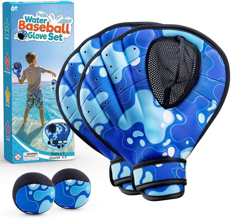 Ayeboovi Water Baseball Gloves Bouncing Ball Set for Pool Toys Lake Beach Games,2 Baseball Style Glove for Catch Skipping Ball, Birthday Gift for Boy Girl Kid Age 8-12 & Adult Teen, Blue - Image 1