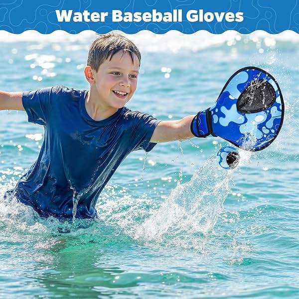 Ayeboovi Water Baseball Gloves Bouncing Ball Set for Pool Toys Lake Beach Games,2 Baseball Style Glove for Catch Skipping Ball, Birthday Gift for Boy Girl Kid Age 8-12 & Adult Teen, Blue - Image 3