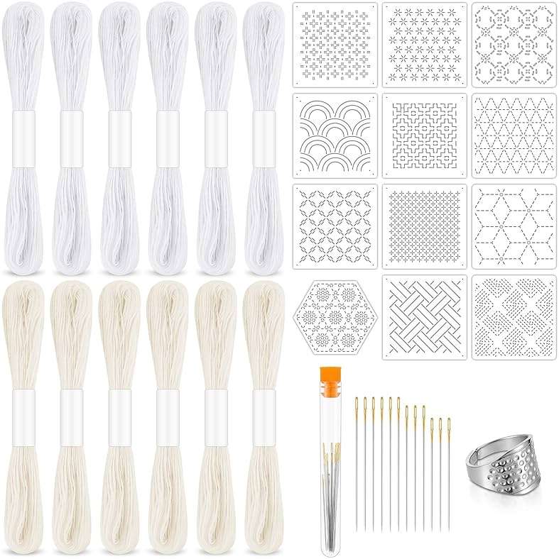 37 Pcs Sashiko Thread Kit Sashiko Needles Cotton Thimble Sashiko Patterns Embroidery Projects for Sewing Hand Quilting Mending Supplies (White) - Image 1