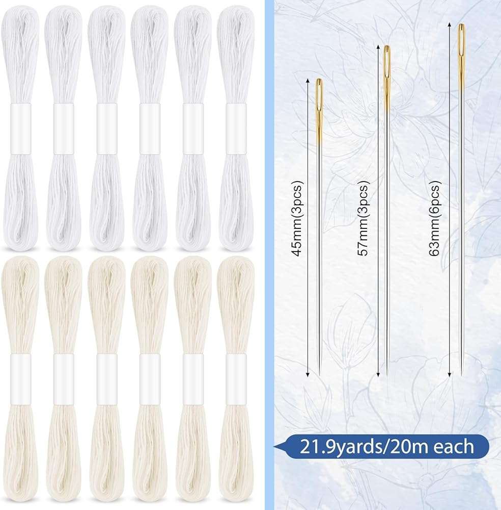37 Pcs Sashiko Thread Kit Sashiko Needles Cotton Thimble Sashiko Patterns Embroidery Projects for Sewing Hand Quilting Mending Supplies (White) - Image 3