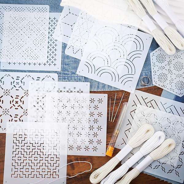 37 Pcs Sashiko Thread Kit Sashiko Needles Cotton Thimble Sashiko Patterns Embroidery Projects for Sewing Hand Quilting Mending Supplies (White) - Image 7