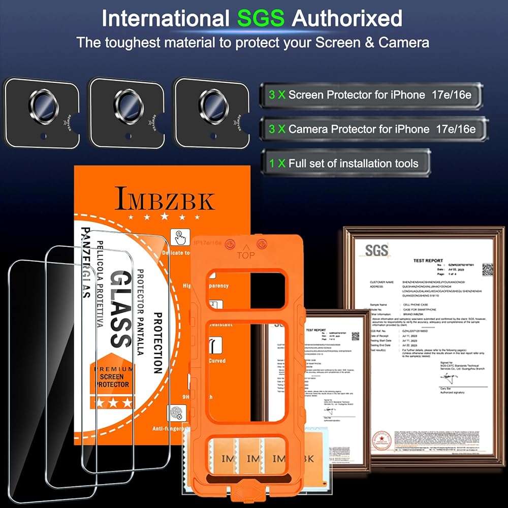 IMBZBK [Auto-Dust Removal] 3 Pack Screen Protector for iPhone 17e / iPhone 16e Accessories, Case Friendly Film, Military Grade Shatterproof Tempered Glass 3 Camera Lens Protector, Easy Installation - Image 5