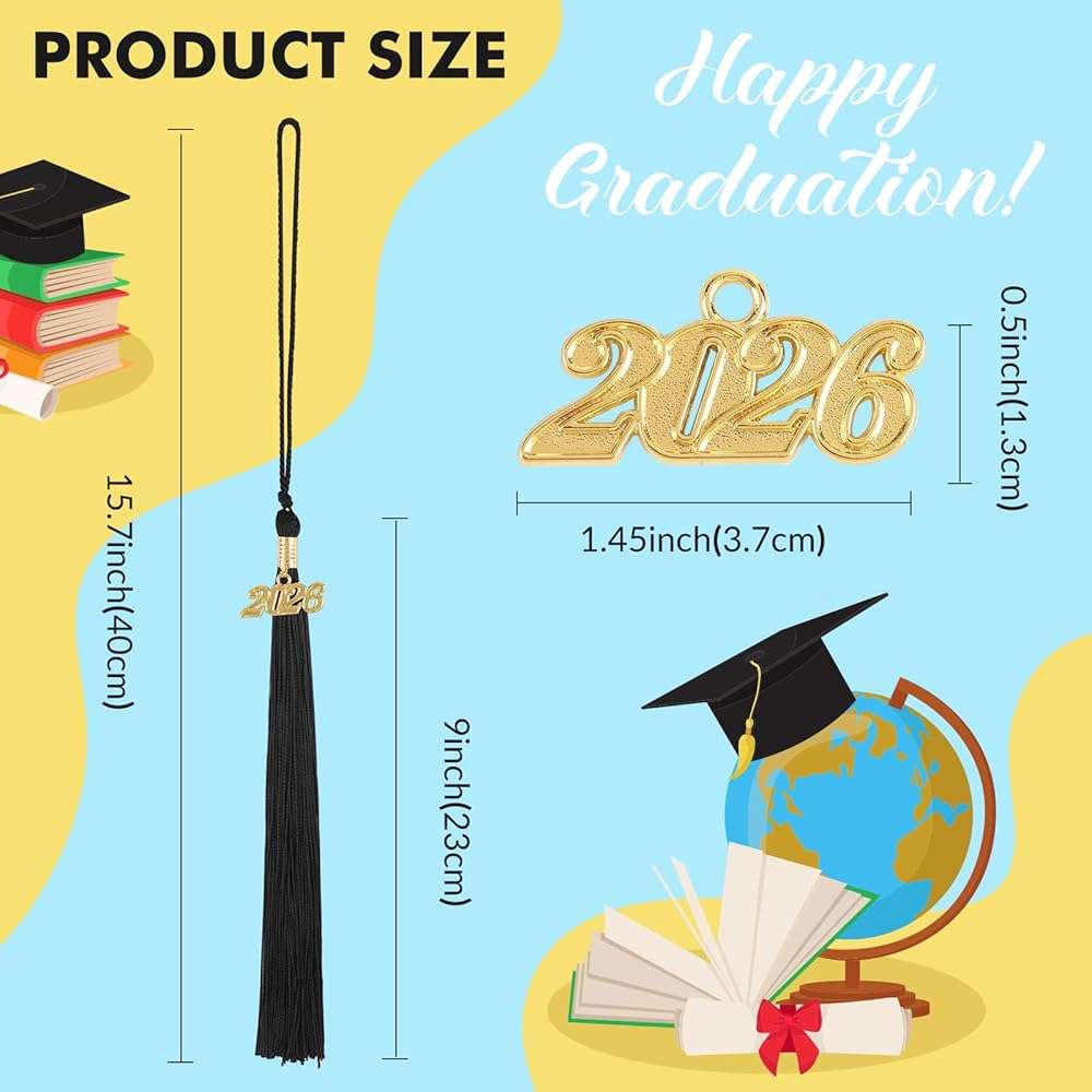 2026 Graduation Tassel Grad Cap Tassel with Gold Charms 9 Inch Graduation Cap Tassel for High School College University Ceremony Ideal Graduation Gift Accessories (Black) - Image 3