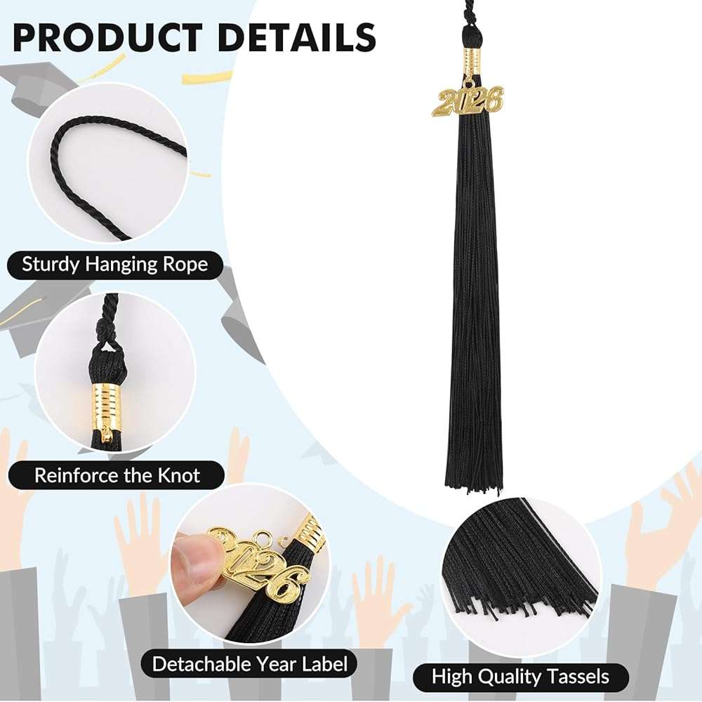 2026 Graduation Tassel Grad Cap Tassel with Gold Charms 9 Inch Graduation Cap Tassel for High School College University Ceremony Ideal Graduation Gift Accessories (Black) - Image 4