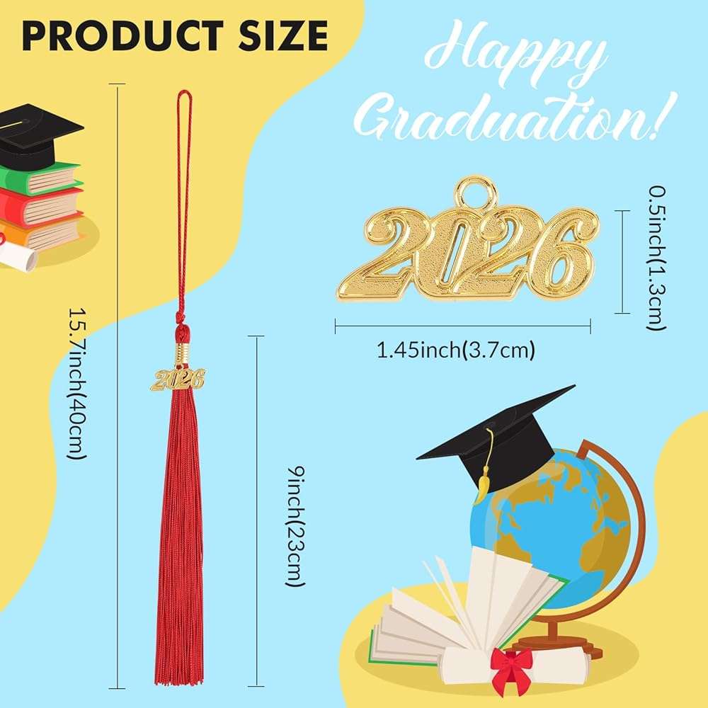 2026 Graduation Tassel Grad Cap Tassel with Gold Charms 9 Inch Graduation Cap Tassel for High School College University Ceremony Ideal Graduation Gift Accessories (Red) - Image 3