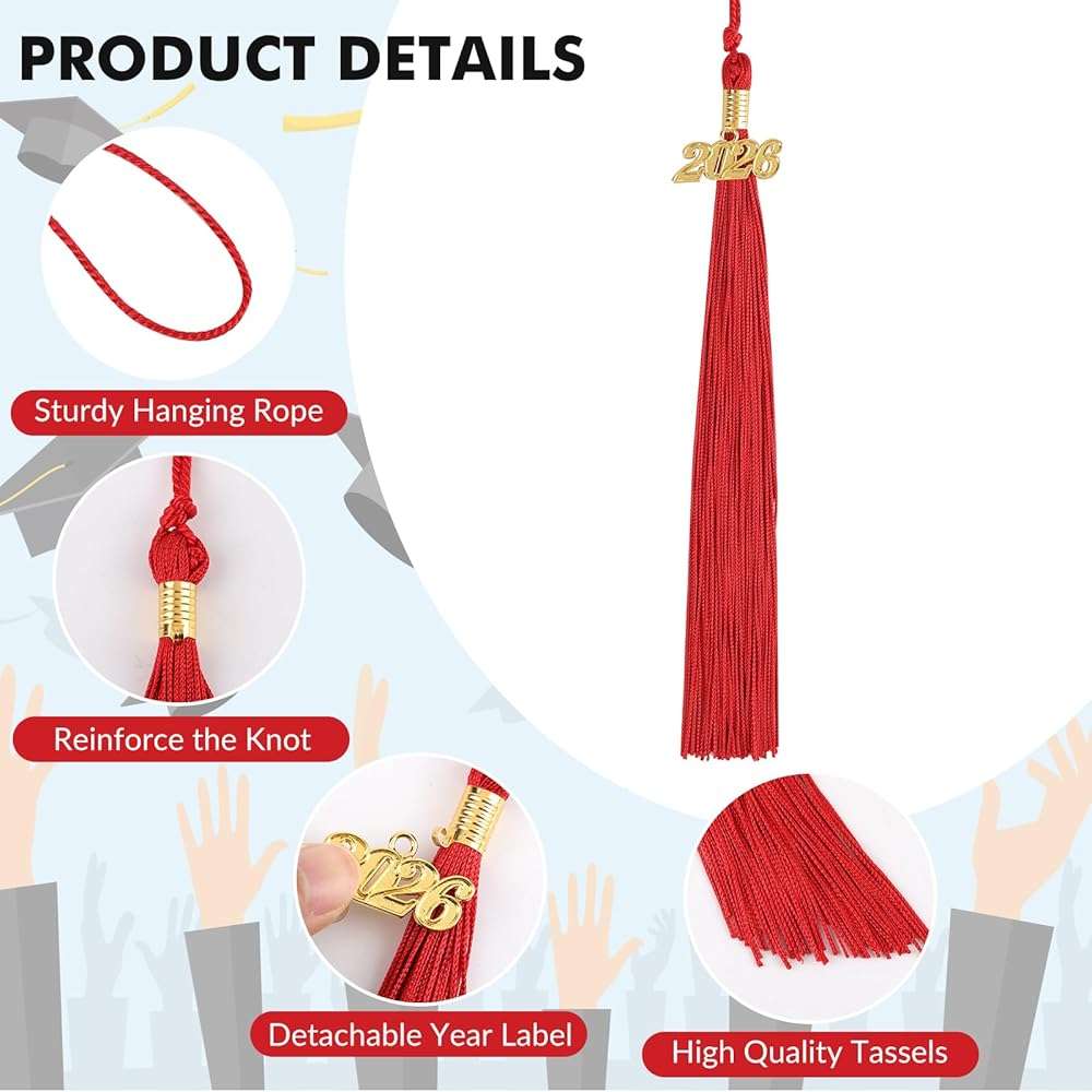 2026 Graduation Tassel Grad Cap Tassel with Gold Charms 9 Inch Graduation Cap Tassel for High School College University Ceremony Ideal Graduation Gift Accessories (Red) - Image 4