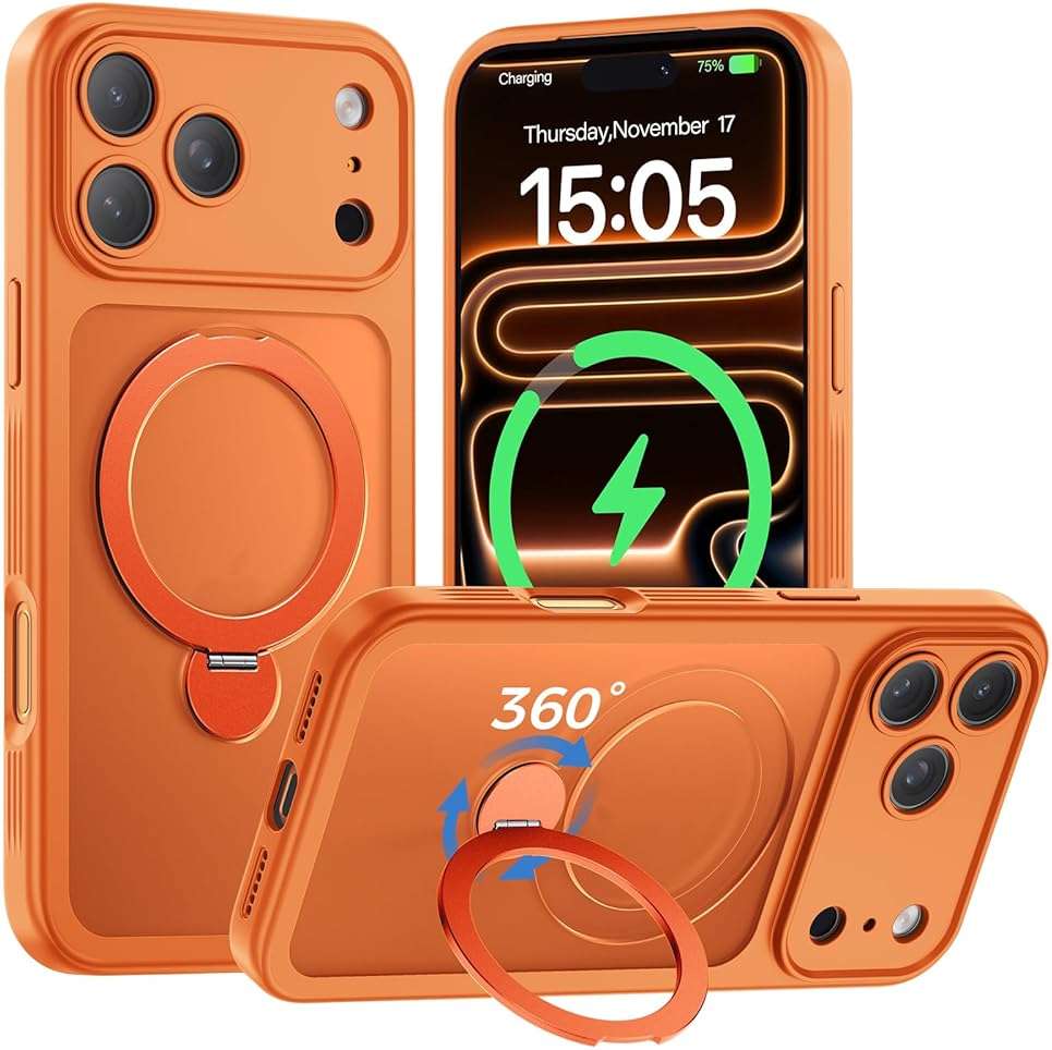 Loyal Bee for iPhone 17 Pro Max Case [ 360° Spin Magnetic Stand] [Full Camera Protection] Compatible with Magsafe, 15FT Military-Grade Protection, Translucent Anti-Slip Phone Case 6.9'', Cosmic Orange - Image 1