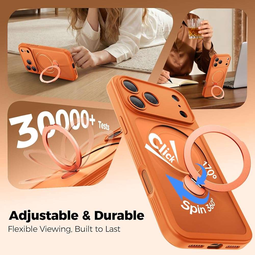 Loyal Bee for iPhone 17 Pro Max Case [ 360° Spin Magnetic Stand] [Full Camera Protection] Compatible with Magsafe, 15FT Military-Grade Protection, Translucent Anti-Slip Phone Case 6.9'', Cosmic Orange - Image 3