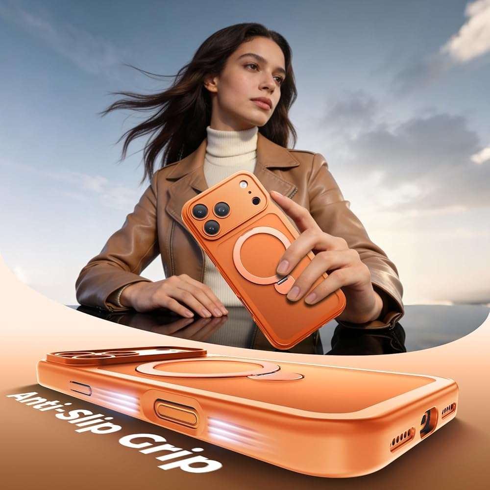Loyal Bee for iPhone 17 Pro Max Case [ 360° Spin Magnetic Stand] [Full Camera Protection] Compatible with Magsafe, 15FT Military-Grade Protection, Translucent Anti-Slip Phone Case 6.9'', Cosmic Orange - Image 8