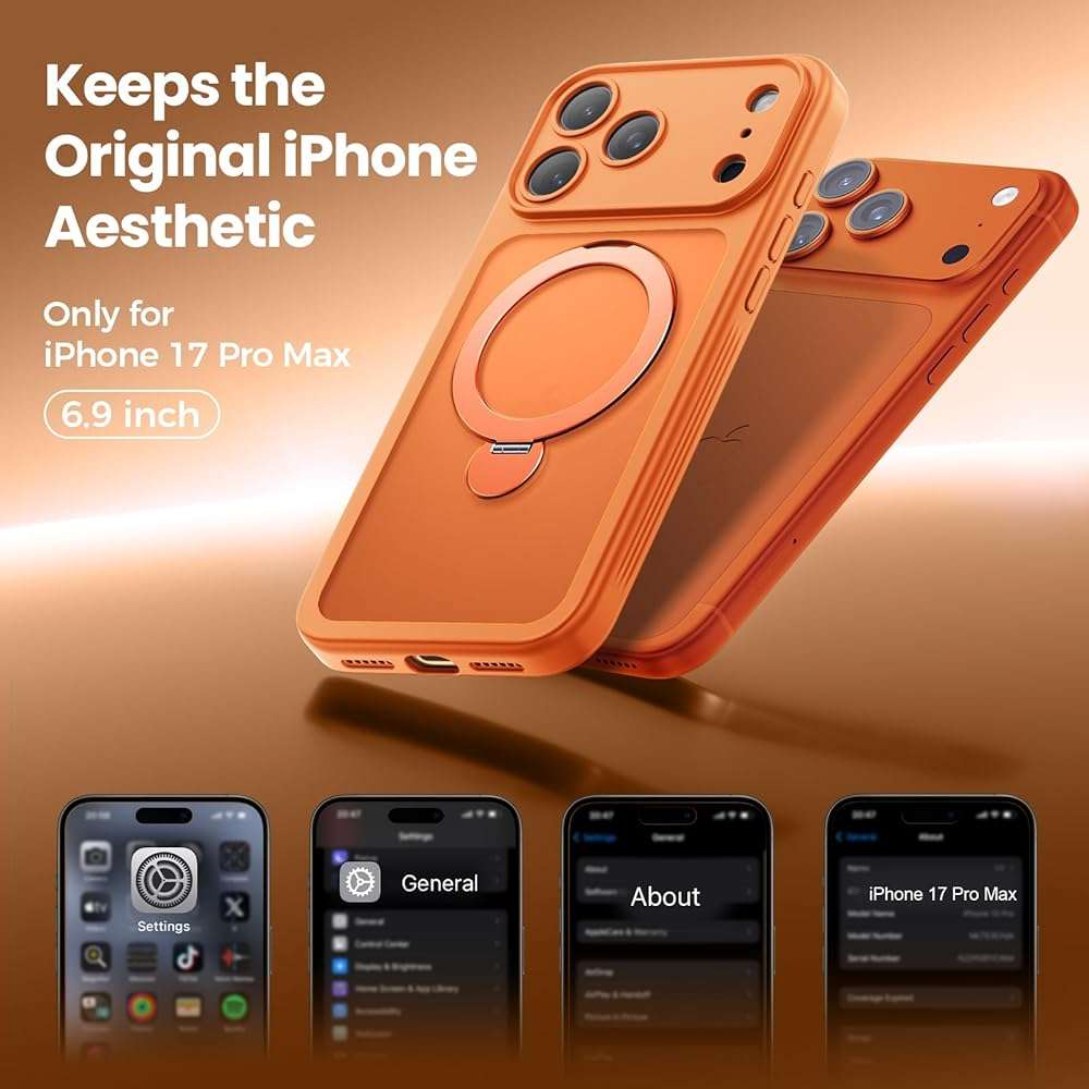 Loyal Bee for iPhone 17 Pro Max Case [ 360° Spin Magnetic Stand] [Full Camera Protection] Compatible with Magsafe, 15FT Military-Grade Protection, Translucent Anti-Slip Phone Case 6.9'', Cosmic Orange - Image 9