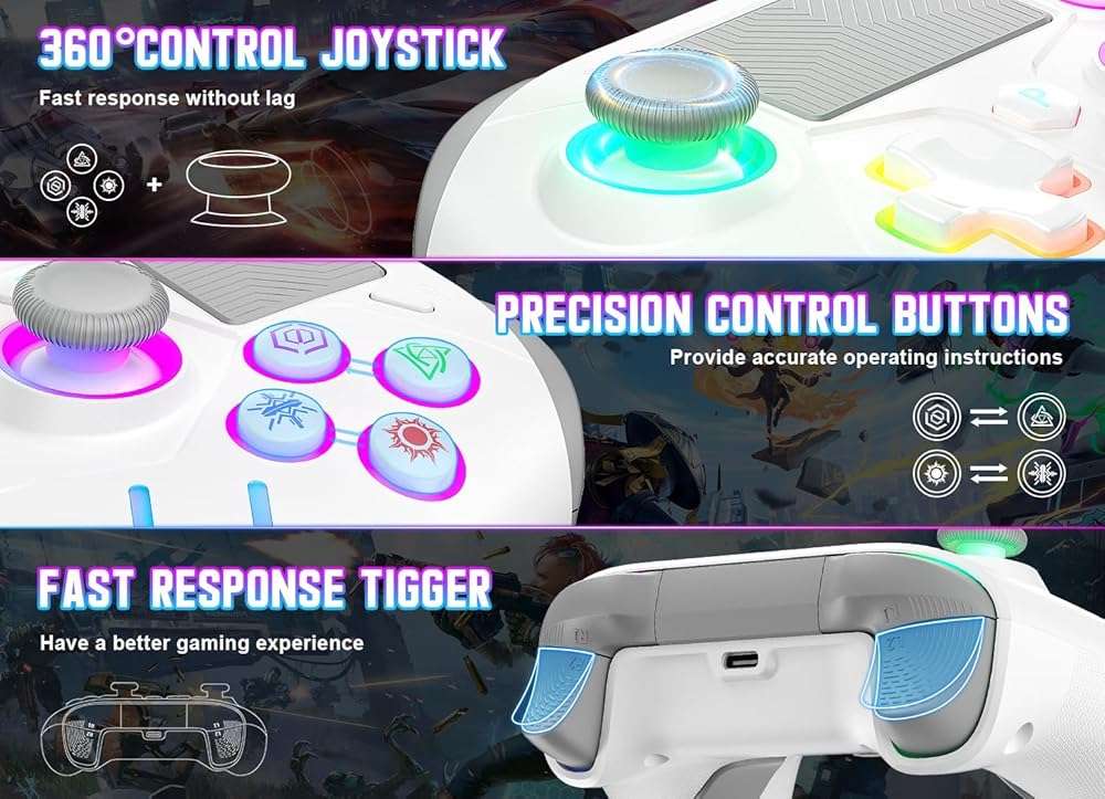 Gamrombo Gaming Controller for PlayStation 5 / PS5, PS4/PS3/PC/Switch/Steam Deck/Mac/Android/iOS with RGB LED Lights, Hall Triggers, Hall Joysticks, Marco, Audio Jack - Need to upgrade - Image 5