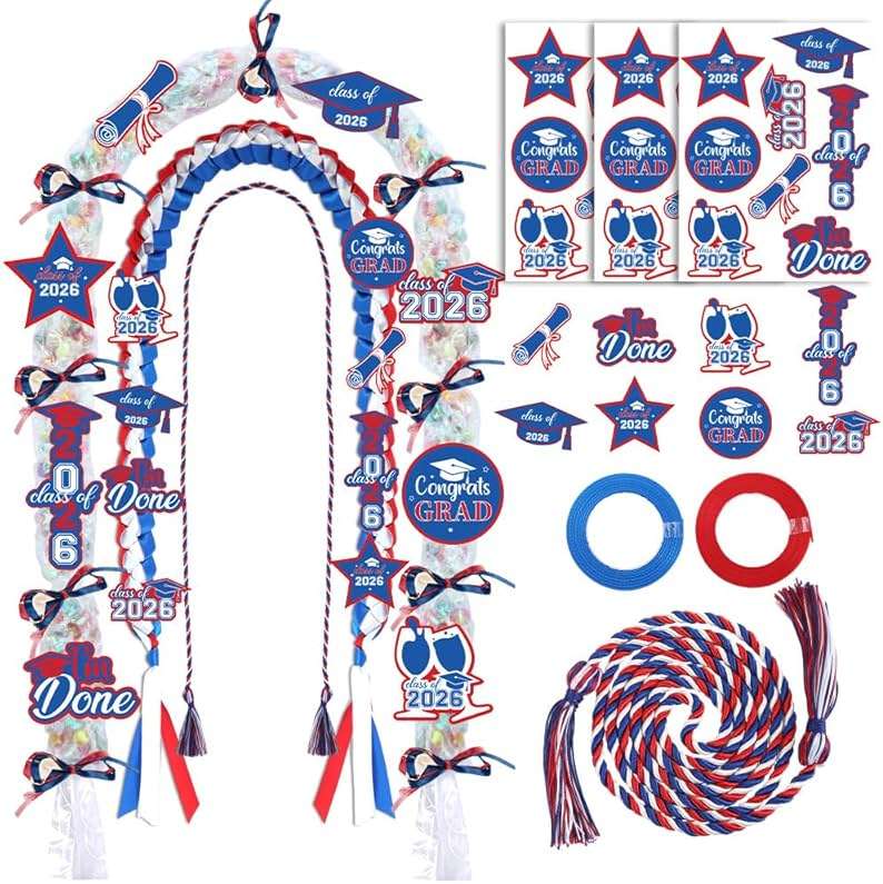 Zeruvex 2026 Blue White Red Graduation Ribbon Candy Bags Lei Kit Honor Cords with Tassel, Class of 2026 Grad Embroidery Patches with Pins Party Supplies for High School College Graduation - Image 1