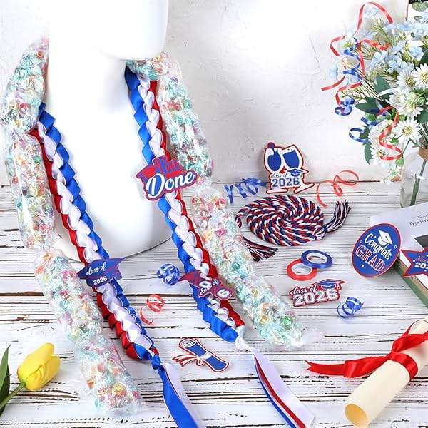 Zeruvex 2026 Blue White Red Graduation Ribbon Candy Bags Lei Kit Honor Cords with Tassel, Class of 2026 Grad Embroidery Patches with Pins Party Supplies for High School College Graduation - Image 2