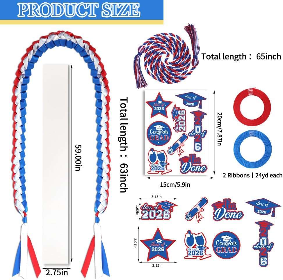 Zeruvex 2026 Blue White Red Graduation Ribbon Candy Bags Lei Kit Honor Cords with Tassel, Class of 2026 Grad Embroidery Patches with Pins Party Supplies for High School College Graduation - Image 3