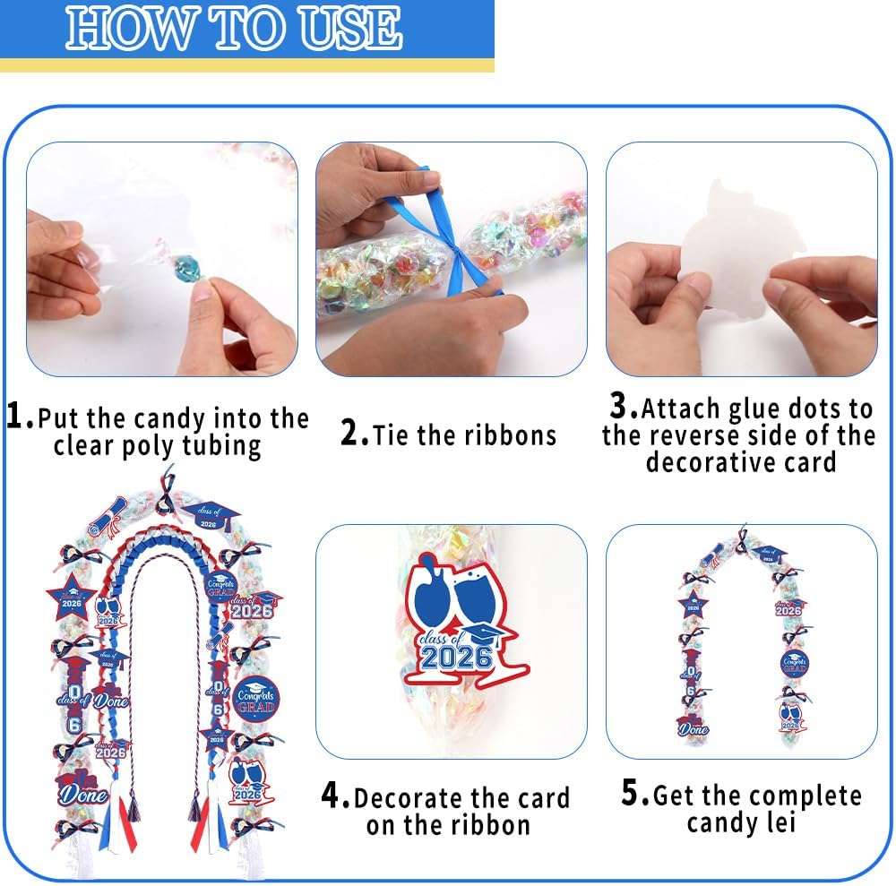 Zeruvex 2026 Blue White Red Graduation Ribbon Candy Bags Lei Kit Honor Cords with Tassel, Class of 2026 Grad Embroidery Patches with Pins Party Supplies for High School College Graduation - Image 4