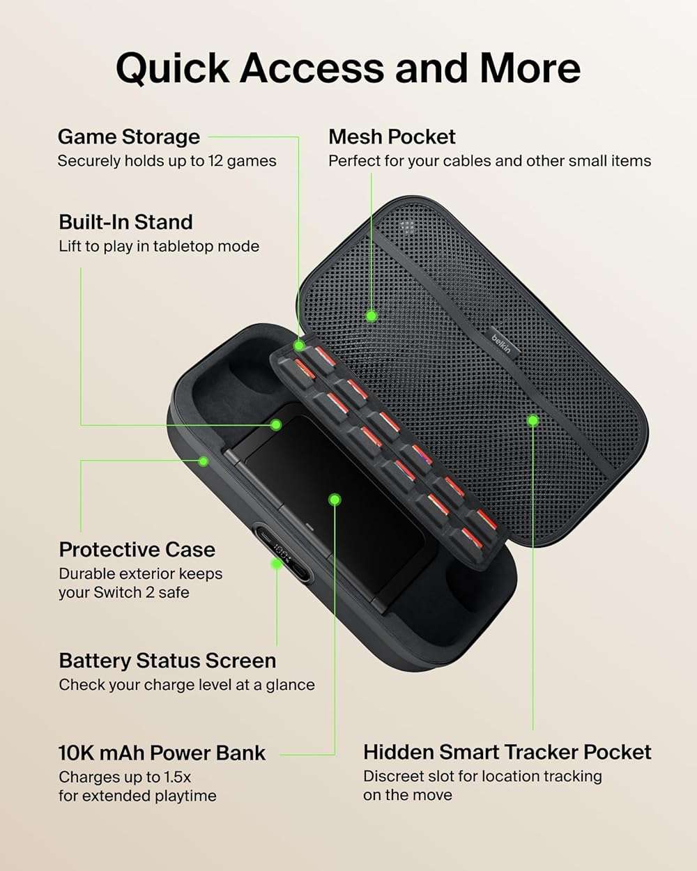 Belkin Nintendo Switch 2 Charging Case Pro, 10000mAh Power Bank, 30W Fast Charging w/Kick Stand - Custom Fit, Hard Shell Carrying Case, 12 Game Card Slots, AirTag Holder, Digital Display - Black - Image 3