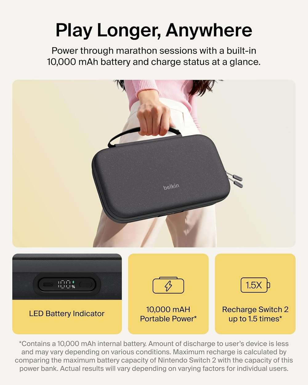 Belkin Nintendo Switch 2 Charging Case Pro, 10000mAh Power Bank, 30W Fast Charging w/Kick Stand - Custom Fit, Hard Shell Carrying Case, 12 Game Card Slots, AirTag Holder, Digital Display - Black - Image 4